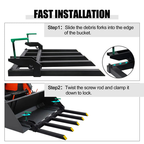 Installation steps of Heavy Duty Clamp On Debris Forks For 48 Inch Loader Bucket Pallet Forks With Five Tines And 2500 Pound Capacity Attachments
