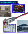 8mm Panel Mount Red LED Indicator Light for 12V 24V Vehicles Low Power Dash Signal Lamp With 8mm Mount Hole and About Five Point Six Six Inch Wires Easy Install for Cars Trucks RVs Boats, red metal
