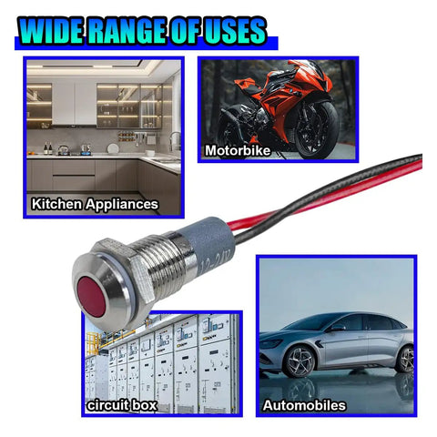 8mm Panel Mount Red LED Indicator Light for 12V 24V Vehicles Low Power Dash Signal Lamp With 8mm Mount Hole and About Five Point Six Six Inch Wires Easy Install for Cars Trucks RVs Boats, red metal