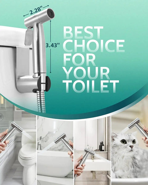 Handheld Bidet Sprayer for Toilet with Adjustable Water Pressure Hose, mounted on a toilet, shown in brushed nickel finish