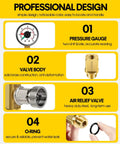 DearChan high-flow manual relief valve with brass body and pressure gauge for pool and spa filter, front view.