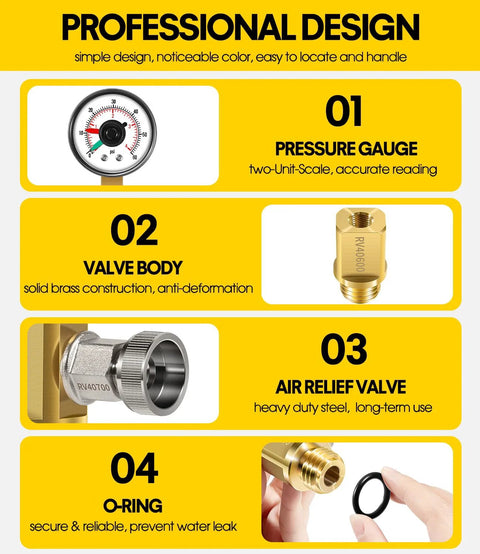 DearChan high-flow manual relief valve with brass body and pressure gauge for pool and spa filter, front view.