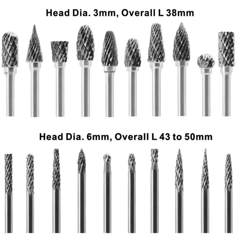 Carbide Burrs Set With One Eighth Inch Shank Twenty Pieces Double Cut Rotary Bits for Metal Wood Stone Steel on white background
