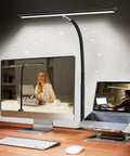 Airlonv LED desk lamp with black gooseneck clamp, 10W, mounted over a desk with monitor and laptop.