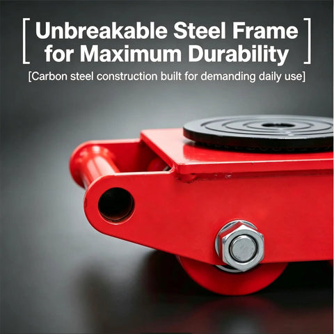 Close-up of 8 Ton 17650 Lb Capacity Machinery Moving Dolly With Roller Skate Wheels, 360 Degree Rotatable PU Directional Rollers, Red