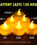 50 Pack Battery Powered Tea Lights LED Flickering Flameless Candles For Party Decor showing battery life in hours