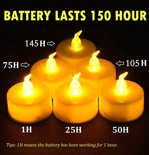 50 Pack Battery Powered Tea Lights LED Flickering Flameless Candles For Party Decor showing battery life in hours