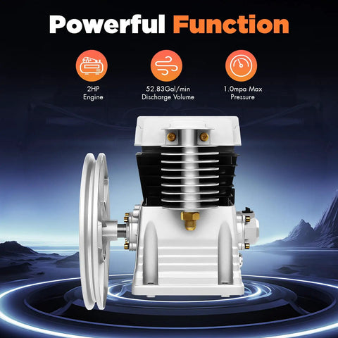 Heavy Duty 2HP Air Compressor Pump Head, Twin Cylinder Aluminum Piston For 1500W Unit, 52.83 Gallons Per Minute Discharge High Pressure Replacement, Oil Drain And Muffler Included
