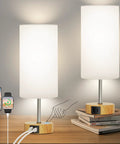 Set Of 2 Touch Control Table Lamps with 3 Way Dimming, USB Ports And AC Outlets on wooden desk, phones charging