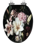 Toilet Seat Elongated Resin for Bathroom with floral design, round shape, featuring lilies and pink flowers, close-up view.