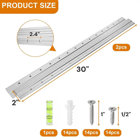 Dang Tough Thirty Inch French Cleat Hanger Kit With Heavy Duty Mirror And Picture Frame Wall Mount Brackets displayed with hardware sizes.