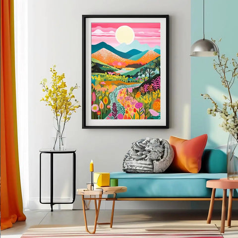 Diamond Painting Kit For Adults Beginners Mountain Flower DIY Diamond Art Set With Tools Full Round Drill Diamonds 16x12 Inch Canvas displayed in living room decor