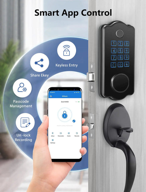"Keyless Front Door Lock Set With Handle, App Controlled Fingerprint Door Lock, 150 Codes Keyed Entry Smart Deadbolt, Auto Lock, Backlit, No Keys Needed, Super Easy Home Security Upgrade"