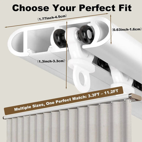 Ultra Thin Aluminum Ceiling Curtain Track System For Inward Opening Windows, 3.3 ft ceiling rail with dimensions shown