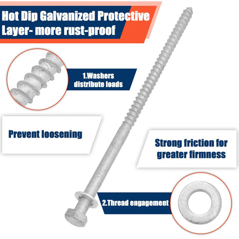 Heavy Duty Wood Lag Bolts Kit With Washers 40 Pack Half Inch By Ten Inch Hot Dip Galvanized Hex Lag Screws For Decks And Fences Tandefio, shown with rust-proof galvanized coating