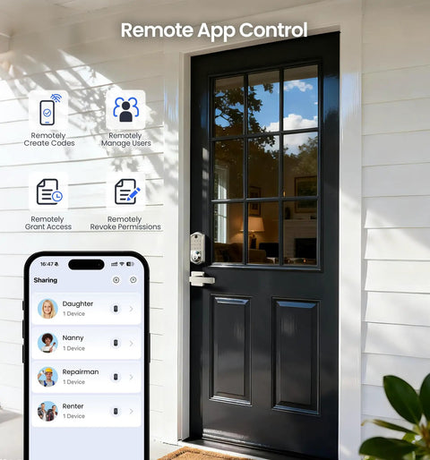 Smart Fingerprint Door Lock With App Control on a black door, showing app interface for remote access and control features.