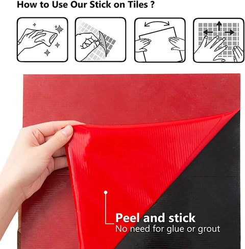 Peel And Stick Marble Tiles Self Adhesive Aluminum Wall Tile showing peel and stick process, red backing removal.