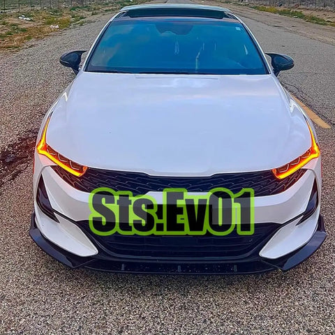 Front view of Kia K5 with Front Bumper Lip Splitter Spoiler Kit Bolt On For Kia K5 2021 2026 All Models Ex Lx Lxs GT GT Line