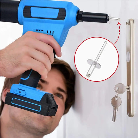 Using drill with Aluminum Blind Rivets Silver Pop Rivet Kit 50 Pieces M5x13mm For DIY Projects, close-up with key lock