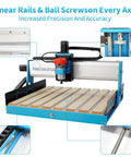 Straight Up Heavy Duty CNC Router Machine With Closed Loop Stepper Motor For Smooth Metal Engraving And Precision Wood Milling showing linear rails and ball screw for accuracy.