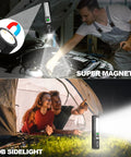 Rechargeable High Lumens Tactical Flashlight With 8 Modes used in car repair and camping, showcasing magnetic and COB sidelight features.