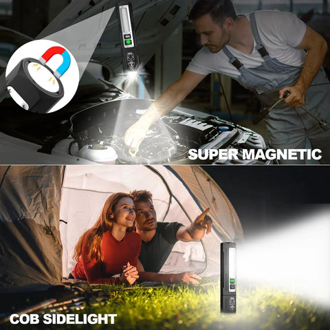 Rechargeable High Lumens Tactical Flashlight With 8 Modes used in car repair and camping, showcasing magnetic and COB sidelight features.