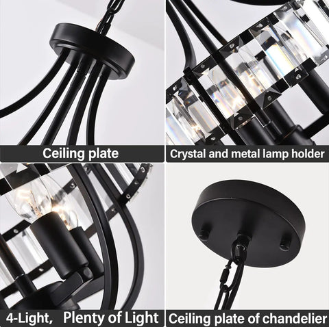Crystal Farmhouse Chandelier In Black Rustic Finish Four Light Flush Mount Ceiling Light with dope crystal accents close-up