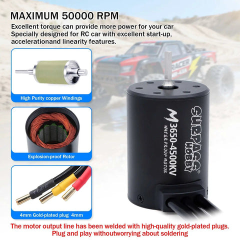 3650 4500KV Brushless RC Motor High Speed Waterproof Upgrade For 1 To 10 RC Cars And Trucks with internal components display.