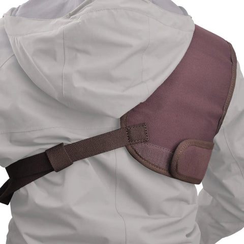 Adjustable Rifle And Shotgun Field Shield Recoil Pad With Leather Shirt Vest on shoulder, secure fit, cushioned kickback reduction.