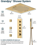 20 Inch Ceiling Mount Led Shower Head With Bluetooth Speaker Handheld Sprayer Brushed Gold Finish with specs and controls.