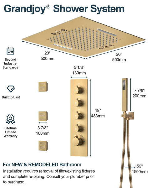 20 Inch Ceiling Mount Led Shower Head With Bluetooth Speaker Handheld Sprayer Brushed Gold Finish with specs and controls.