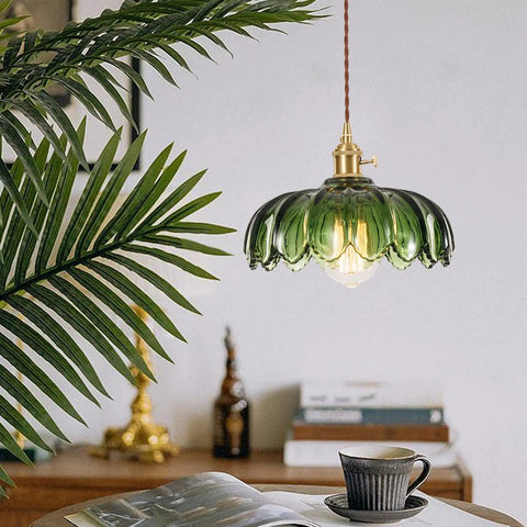 Chic Green Glass Plug In Pendant Light Fixture For Kitchen Island And Dining Room, Smooth Plug And Play Design, E26 Base Ready, Serious Home Refresh Glow Up No Bulb Included. Green glass pendant with leafy design over table.