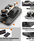Portable Morse code trainer key with buzzer, voice prompts, metal contacts, knob, connector, switch, and battery compartment
