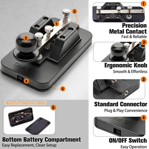 Portable Morse code trainer key with buzzer, voice prompts, metal contacts, knob, connector, switch, and battery compartment