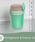 Double Wall Insulated Yogurt Container With Spill Proof For Real Lid Green Snack Cup Holding A Reusable Spoon Microwave Safe Dishwasher Approved Freezer Ready 14 Ounce in refrigerator.