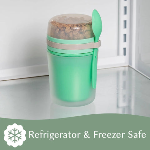 Double Wall Insulated Yogurt Container With Spill Proof For Real Lid Green Snack Cup Holding A Reusable Spoon Microwave Safe Dishwasher Approved Freezer Ready 14 Ounce in refrigerator.