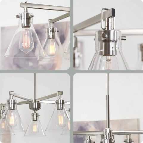 Whitney 27 Inch 5 Light Modern Farmhouse Chandelier With Conic Clear Glass Shades In Brushed Nickel Finish close-up details