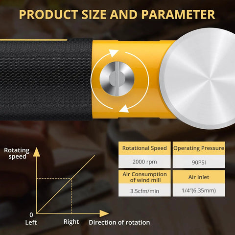 Close-up of Right Angle Air Die Grinder Kit showing control dial and material specifications in black and yellow design.