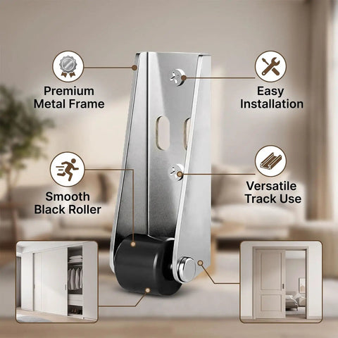 Top Shelf Vertical Track Roller Wheels For Heavy Sliding Doors And Cabinets Plus Silky Smooth Rubber Casters With No Hassle Anti Sag Design For Effortless Drawer Glide And Gate Swings Two Pack close-up of premium metal frame with smooth black roller.