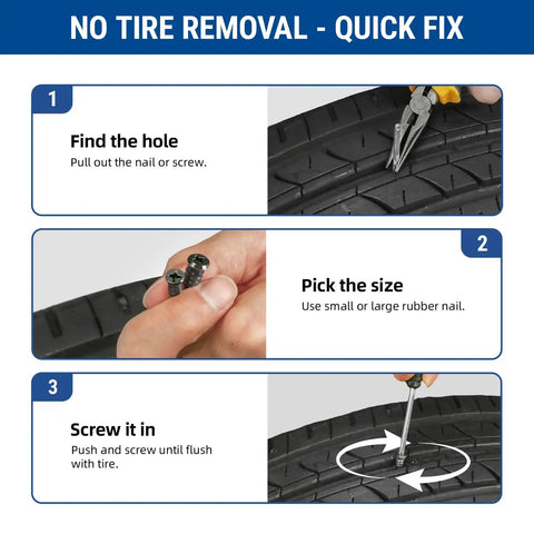 Illustration of how to use the 72 Piece Tire Repair Kit With Rubber Nails In Three Sizes, Storage Box And Screwdriver For Cars.