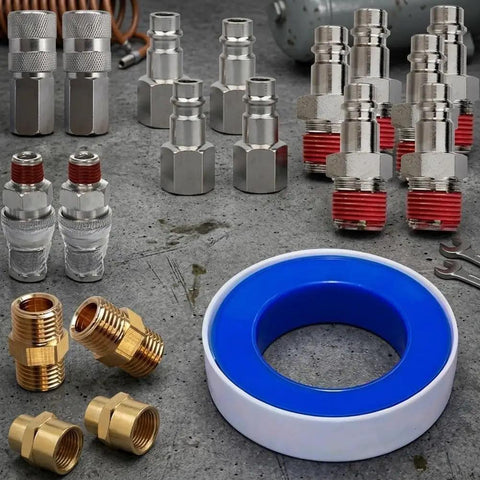 Super Quick Connect Air Coupler Kit For Compressor Tools With Premium Brass And Steel Pneumatic Fitting Set In 1/4 Inch NPT Size For Garage Auto Shop Use To Maximize Workflow Efficiency Today, brass fittings laid out
