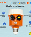 Smart WiFi Ultrasonic Water Tank Level Sensor With Tuya Smart Life App Alerts Remote Monitoring IP65 Waterproof 0.1m To 10m Range Automatic Alarm Multi Tank Monitoring Up To Ten Sensors displayed with app compatibility icons.