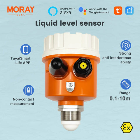 Smart WiFi Ultrasonic Water Tank Level Sensor With Tuya Smart Life App Alerts Remote Monitoring IP65 Waterproof 0.1m To 10m Range Automatic Alarm Multi Tank Monitoring Up To Ten Sensors displayed with app compatibility icons.