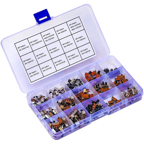 Assorted Mini Micro Slide Switch Kit With 150 Pieces And 17 Styles 2Pin 3Pin 4Pin ON OFF ON Switches in organizer box