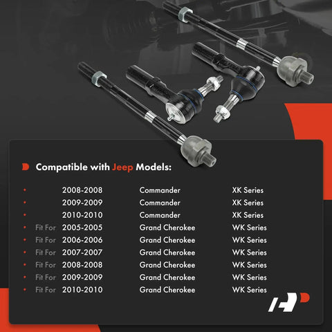 Jeep Front Inner And Outer Tie Rod End Kit For XK Commander 2008 2010 And WK Grand Cherokee 2005 2010 Premium Replacement Steering Tie Rods To Tighten Loose Steering And Restore Precise Handling, 4pc set