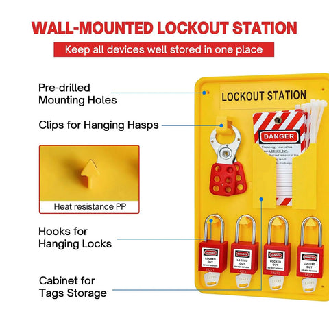 Heavy-Duty Lockout Tagout Station Kit With 4 Brass Cylinder Safety Padlocks, Hasp And OSHA Compliance Tags on a wall-mounted board