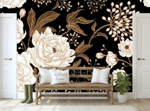 Floral Wall Mural Peonies And Roses In Gold White Vintage Look Seamless Wallpaper 5-Piece Set For Living Room Bedroom, floral design
