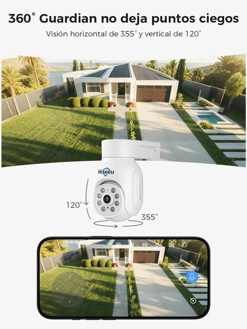 5MP Wireless PTZ Security Camera System in action protecting a modern home with 360° angle view, IP66 weatherproof design