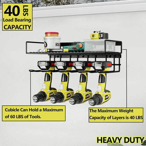 Heavy Duty Tool Organizer Wall Mount For Drill And Cordless Tools Garage Workshop Pegboard Rack With One Layer And Four Slots Rust Resistant Iron Construction For Pro Grade Organization And Easy Access