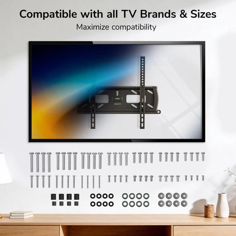 Top Shelf Universal TV Mount Hardware Kit Loaded With Premium Vesa Screws Security Washers And Precision Spacers For A Bulletproof Wall Setup On 19 To 85 Inch Flat Screens, showing assorted screws and washers.